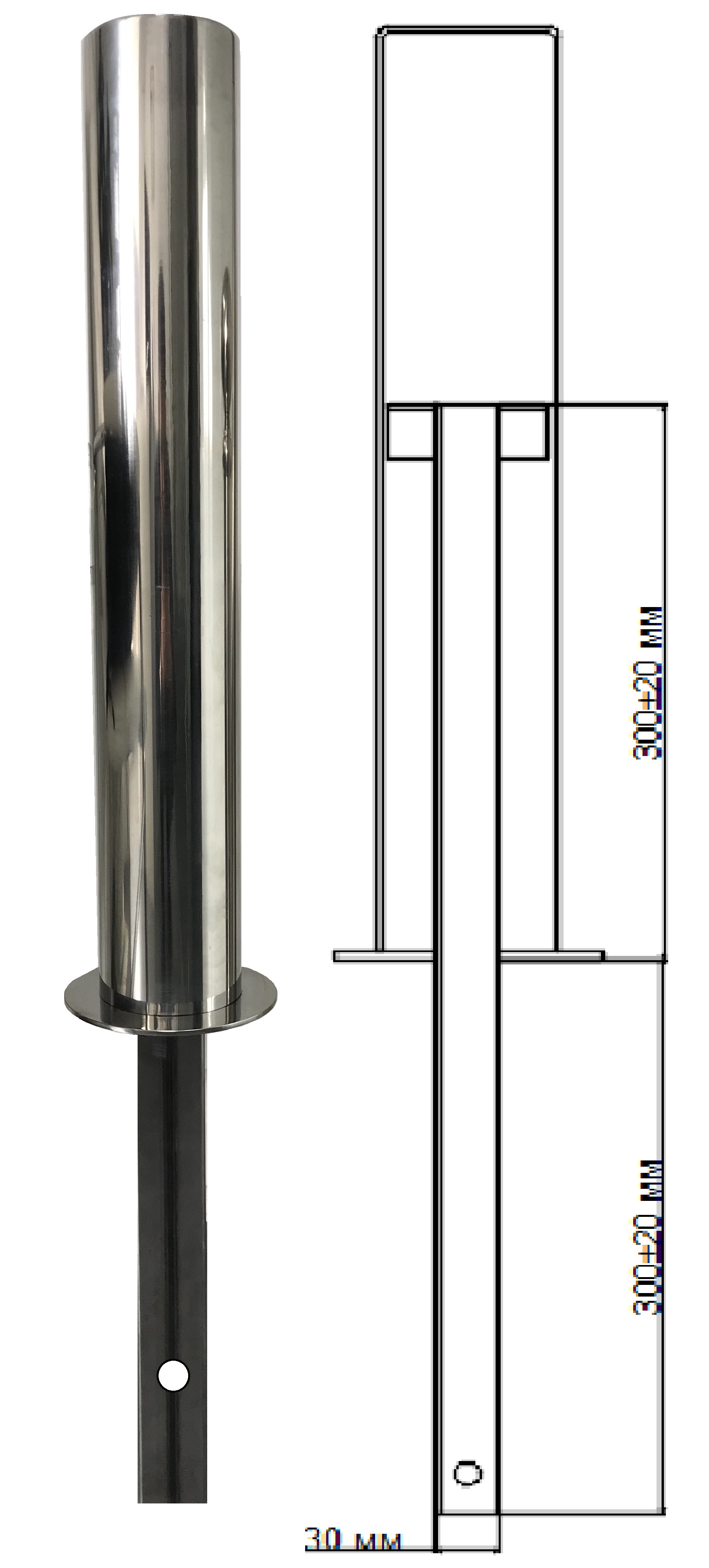 Стовпчик широкий під бетонування з фланцем, 500/300 мм (нерж)